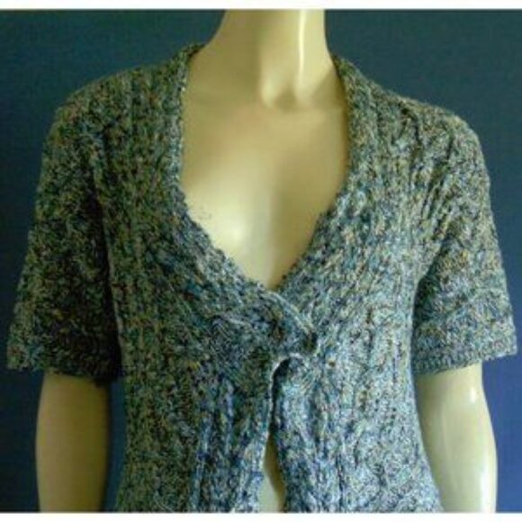 Moth Anthropologie Green Multi Short Sleeve Cable Cotton Blend Cardigan M - Picture 3 of 6